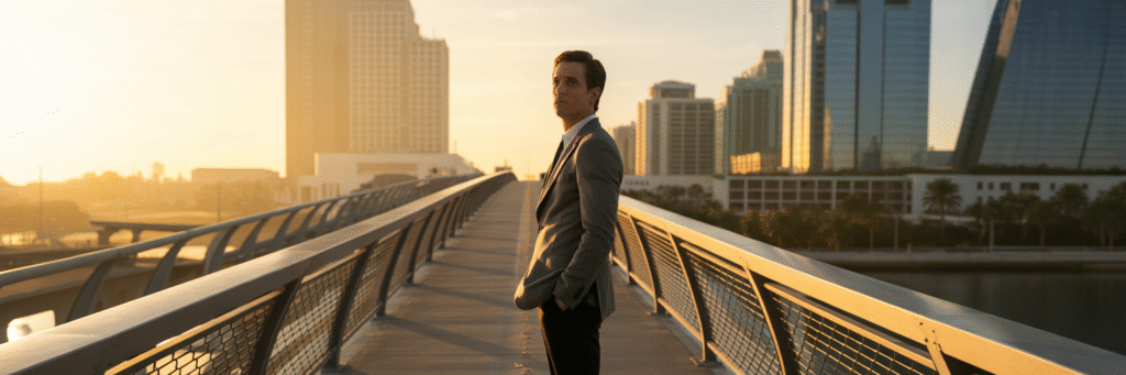 Person looking forward on a Florida bridge at sunrise.