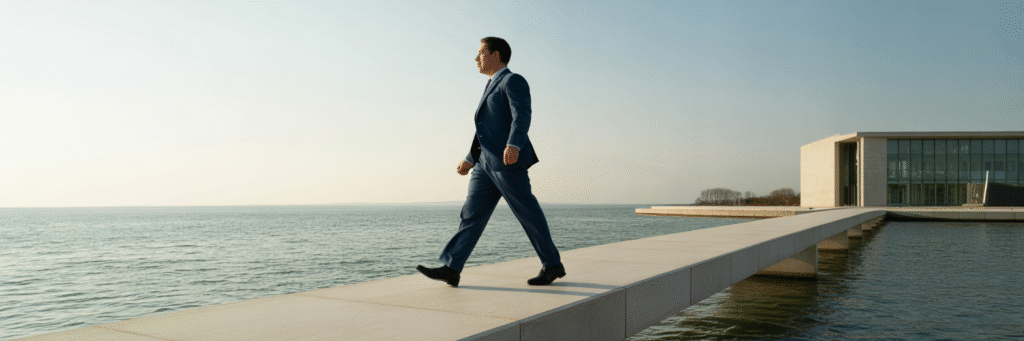 Person safely crossing a bridge towards a clinic.