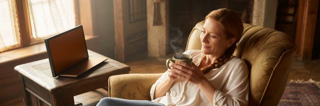 Person feeling relieved at home with mug.