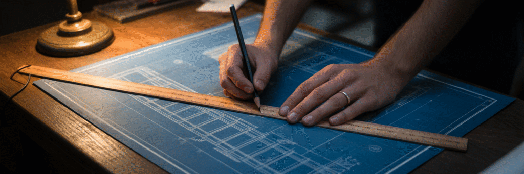 Hands drawing a line on a blueprint.