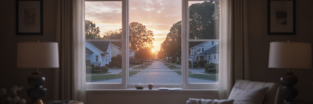 Quiet suburban street at sunrise.