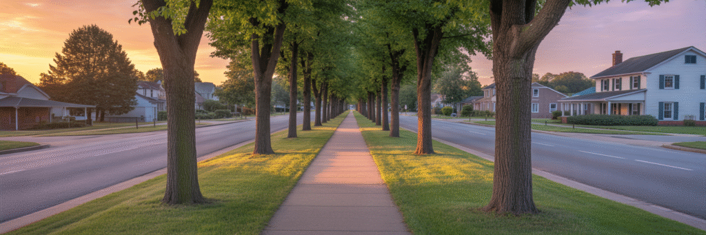 Hopeful suburban Maryland street at sunrise.