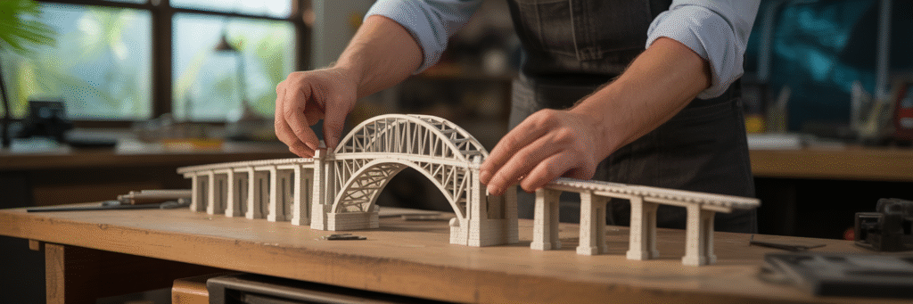 Hands building a bridge model symbolizing recovery.