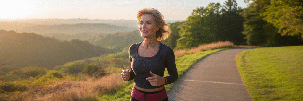 Woman in her 50s walking confidently in a Virginia park.
