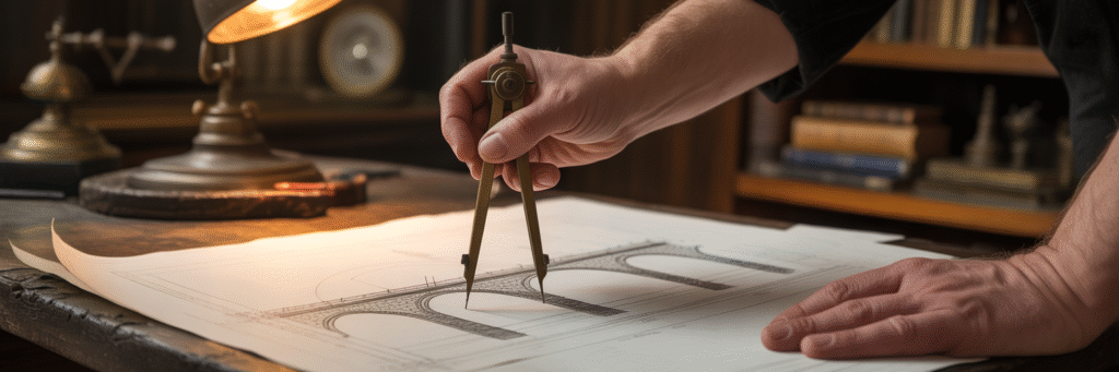 Hands carefully drawing a bridge blueprint.