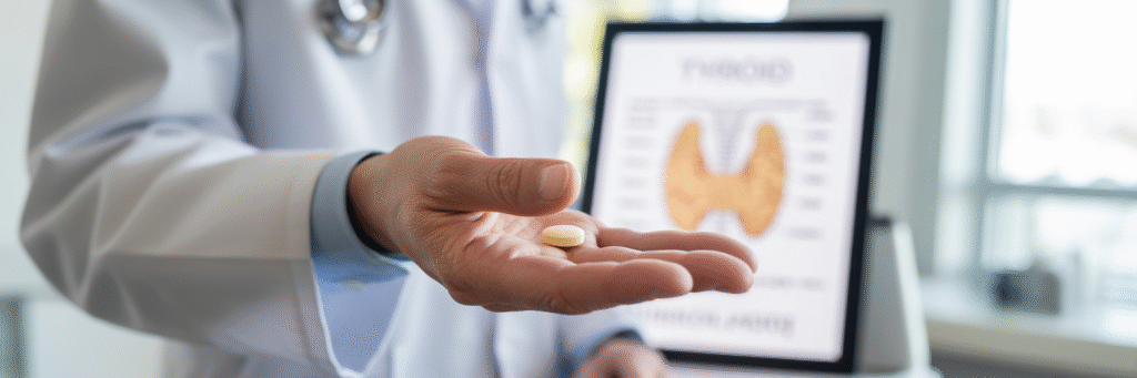 Doctor holding pill with thyroid chart background